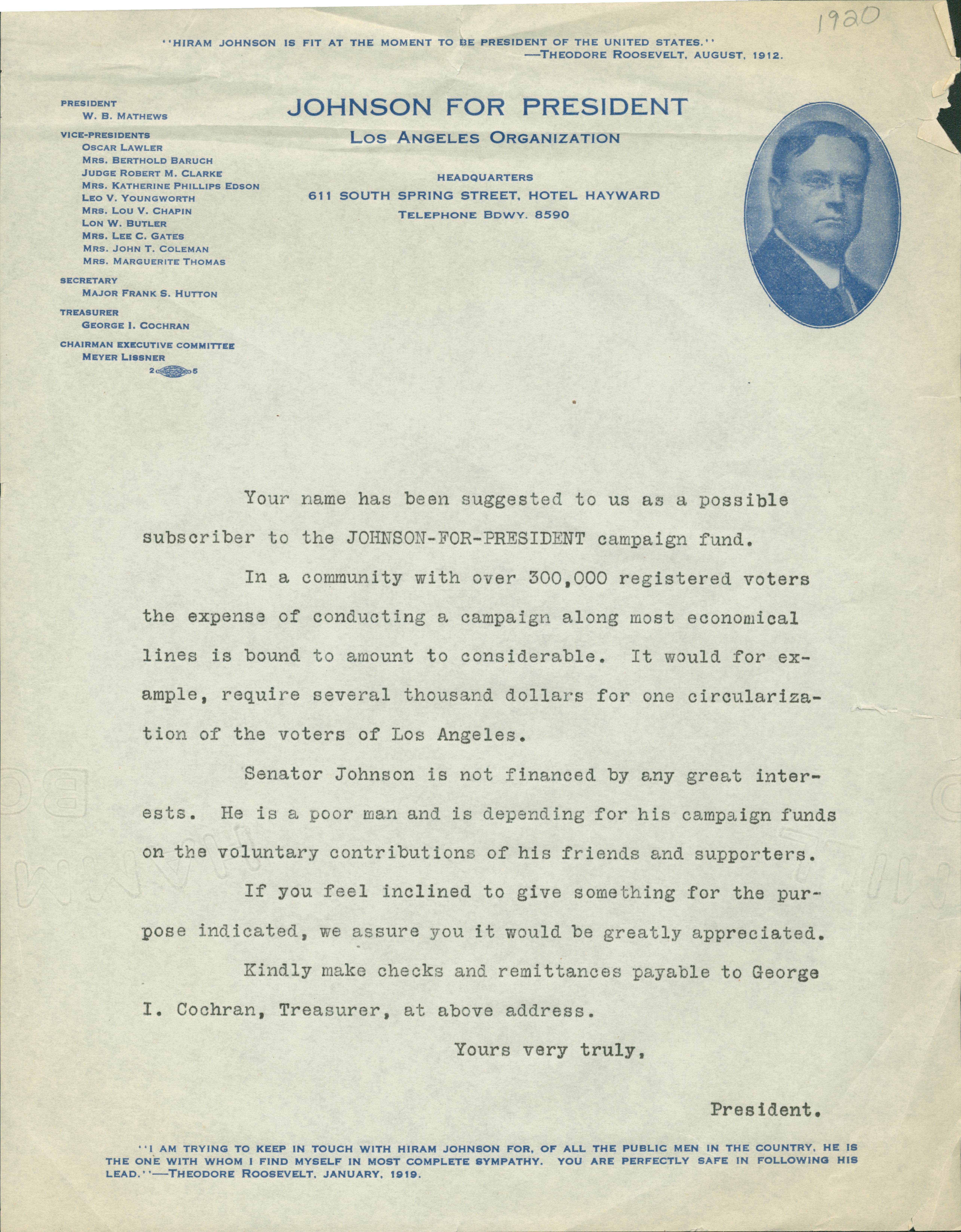 This letter put out by the Los Angeles chapter of 'Johnson for President' asks the reader to contribute money to Johnson's political campaign.